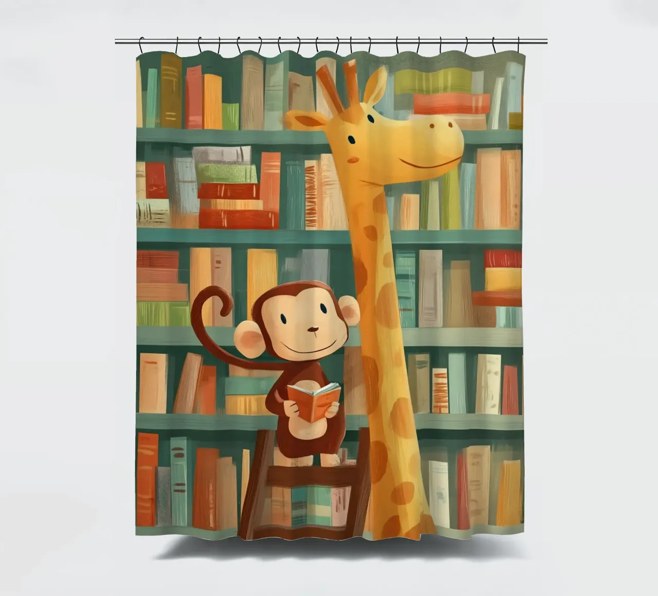 Monkey and Giraffe in the Library Duschvorhang von Kiara