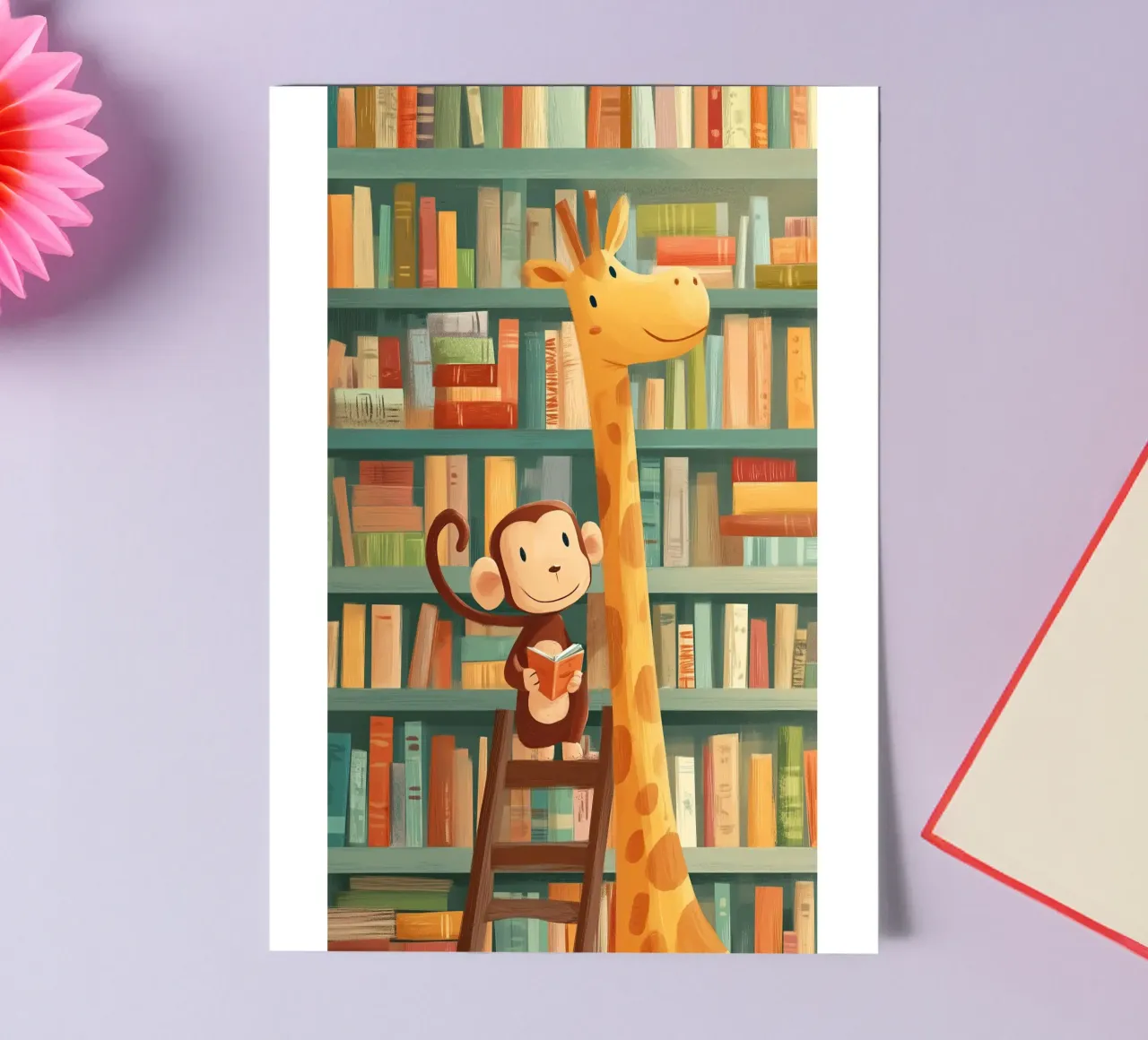 Monkey and Giraffe in the Library foglio adesivo da Kiara