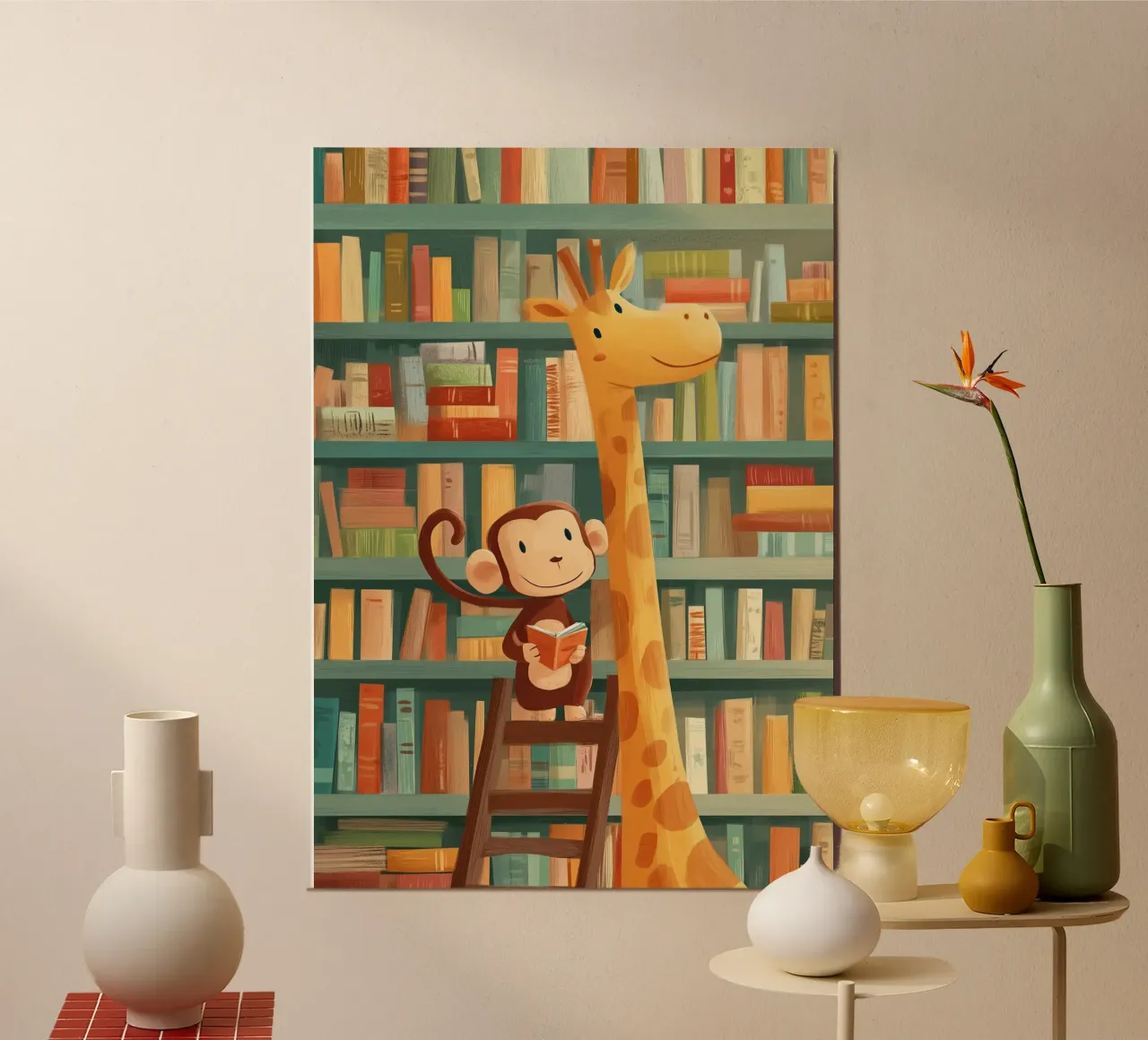 Monkey and Giraffe in the Library alluminio dibond da Kiara
