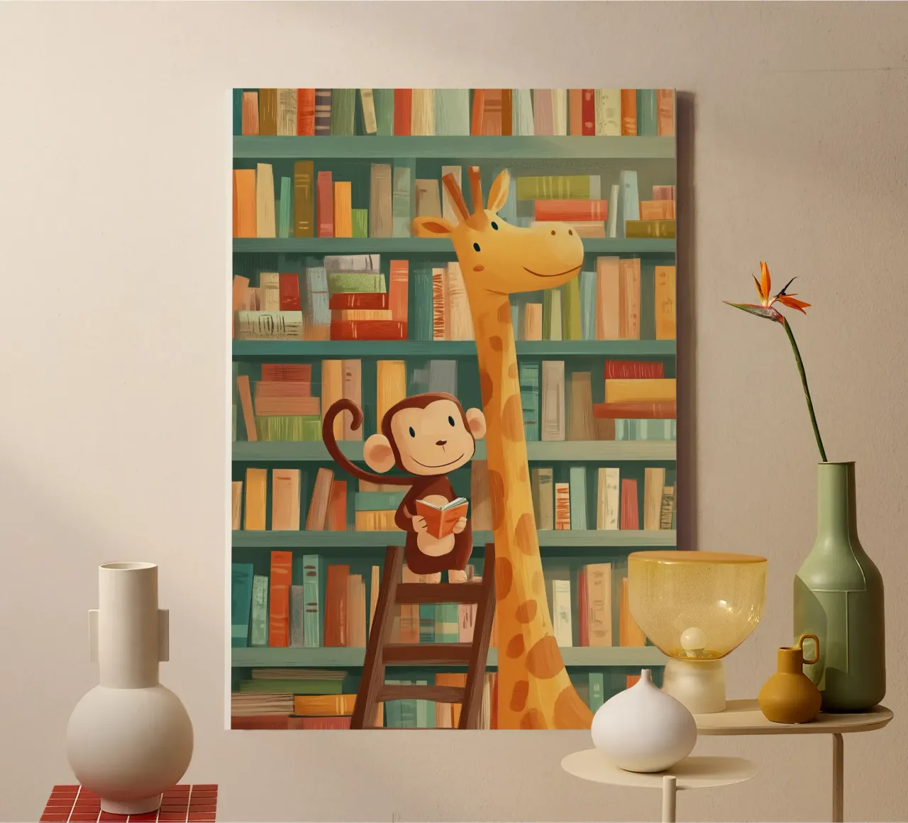 Monkey and Giraffe in the Library canvas van Kiara