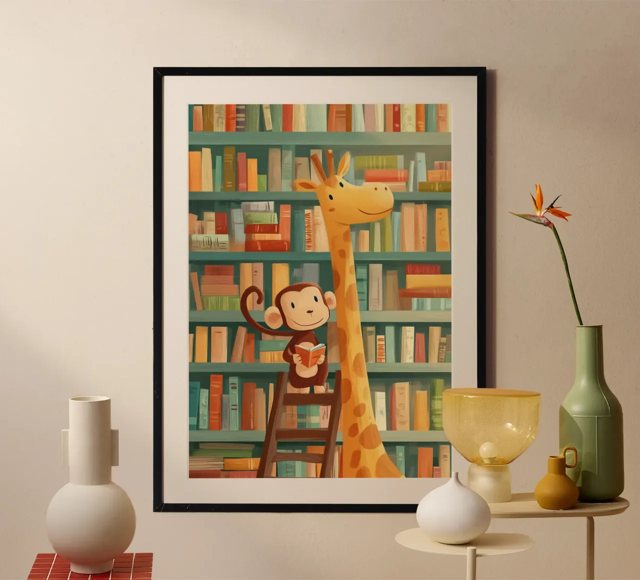 Monkey and Giraffe in the Library carta hahnemühle da Kiara