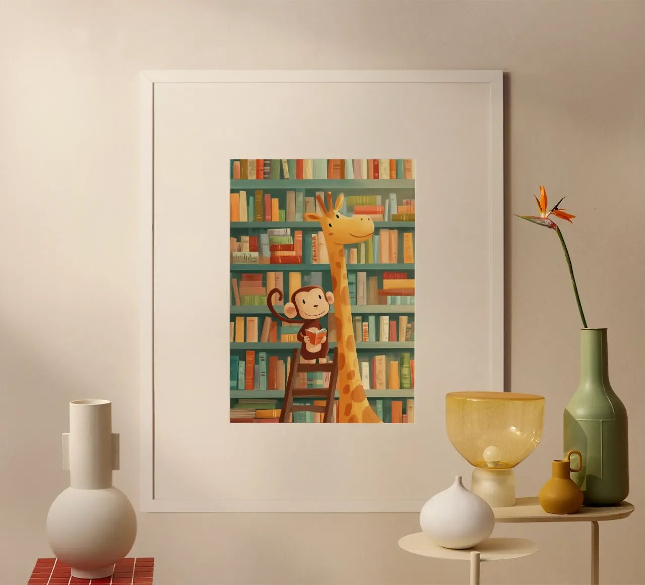 Monkey and Giraffe in the Library carta hahnemühle da Kiara