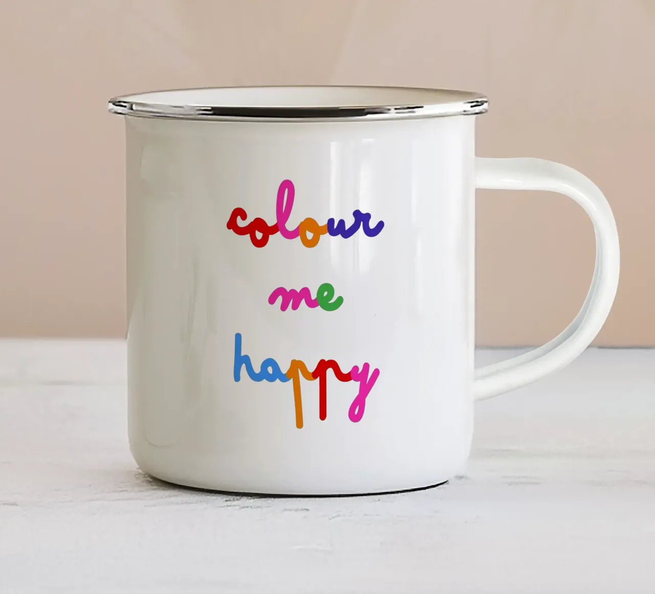 Colour Me Happy - Regenboog Script Typografie Kunst voor Kinderen emaille mok van Dominique Vari Words