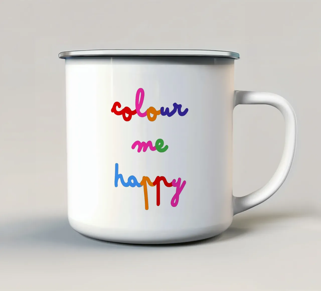 Colour Me Happy - Regenboog Script Typografie Kunst voor Kinderen emaille mok van Dominique Vari Words