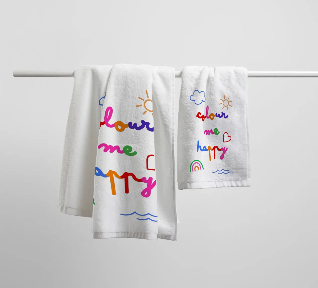 Colour Me Happy • Rainbow Script Typography Art for Kids towel by Dominique Vari Words