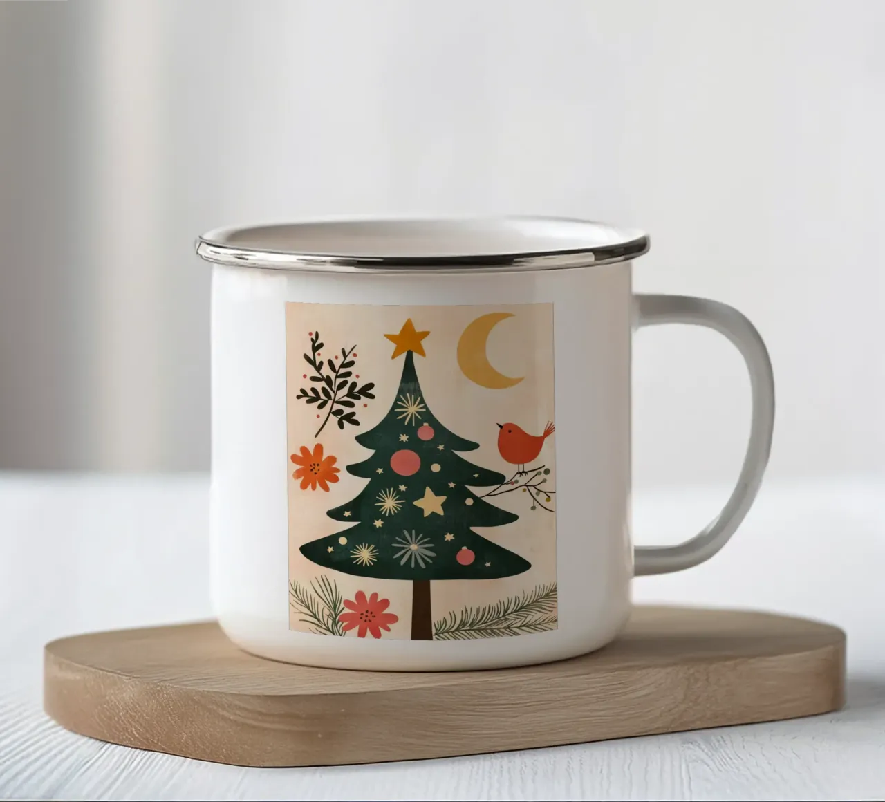 Boho Tree Bird con luna e stelle Arte natalizia stravagante tazza in smalto da Gentle Echoes Art