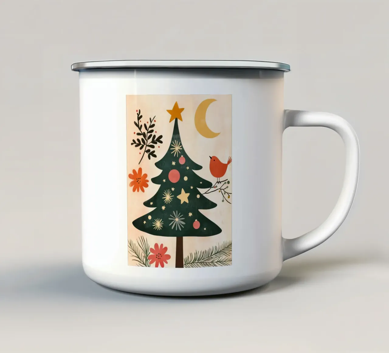 Boho Tree Bird con luna e stelle Arte natalizia stravagante tazza in smalto da Gentle Echoes Art