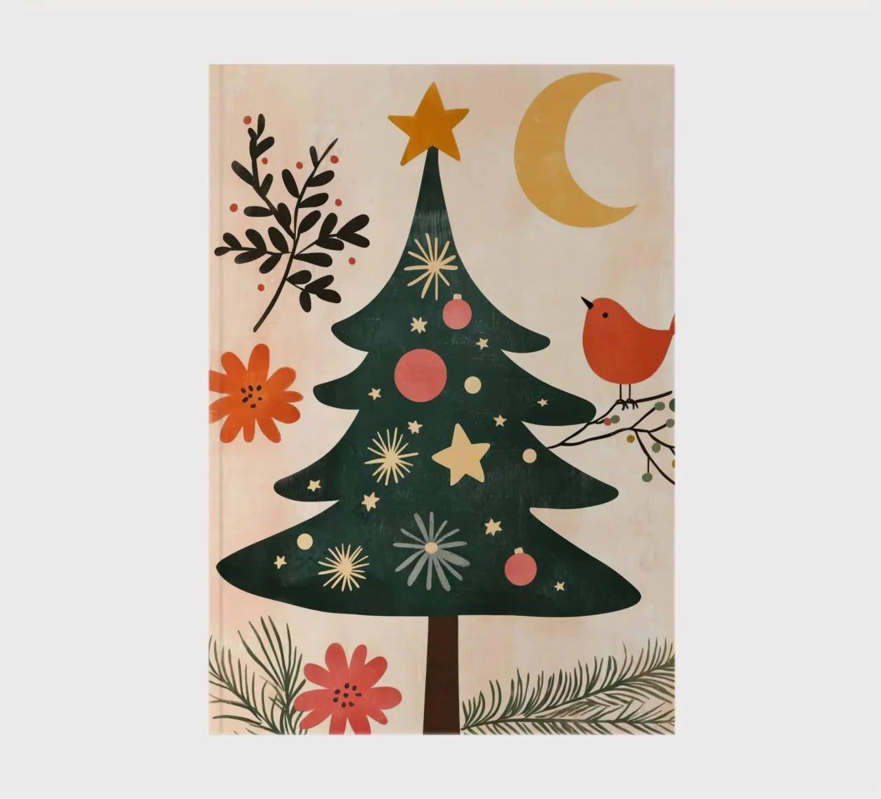 Boho Tree Bird with Moon and Stars Whimsical Christmas Art notebook by Gentle Echoes Art