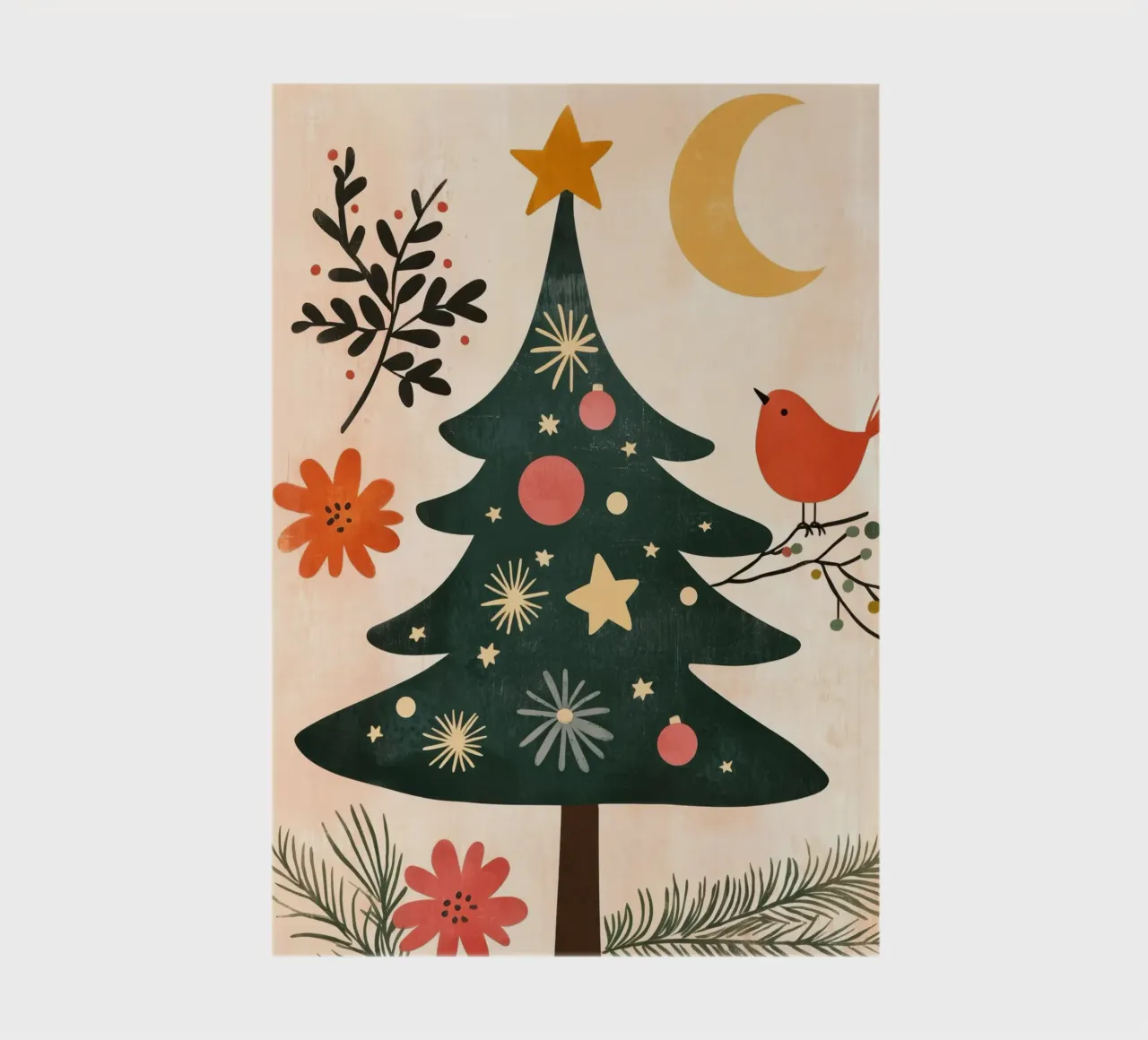 Boho Tree Bird with Moon and Stars Whimsical Christmas Art notebook by Gentle Echoes Art