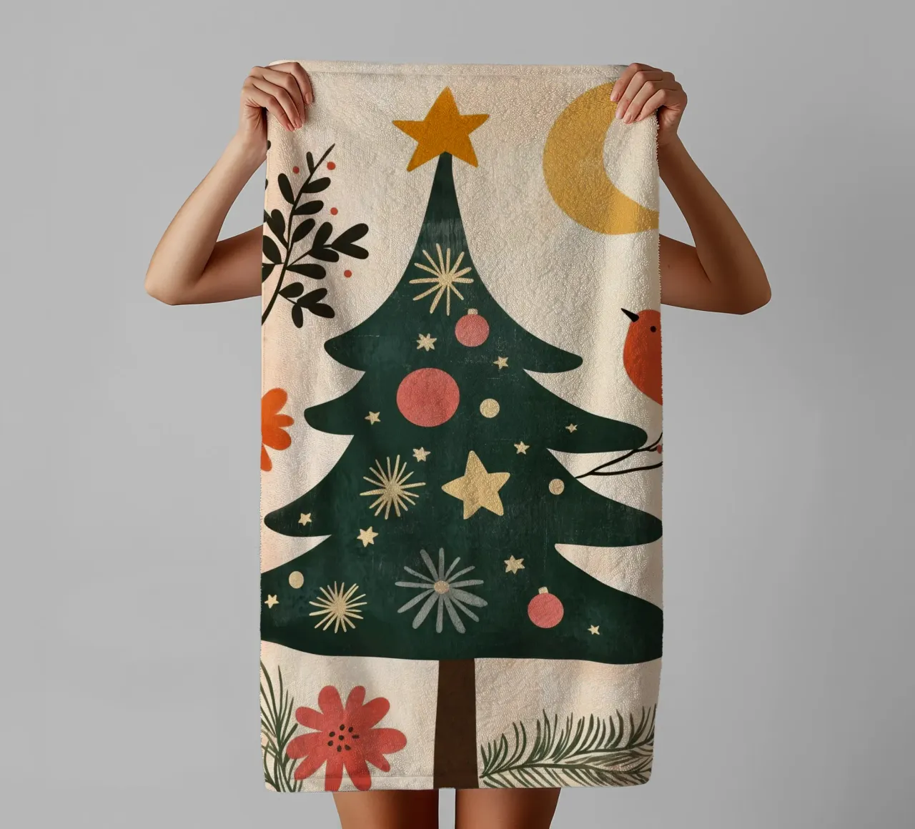 Boho Tree Bird with Moon and Stars Whimsical Christmas Art towel by Gentle Echoes Art