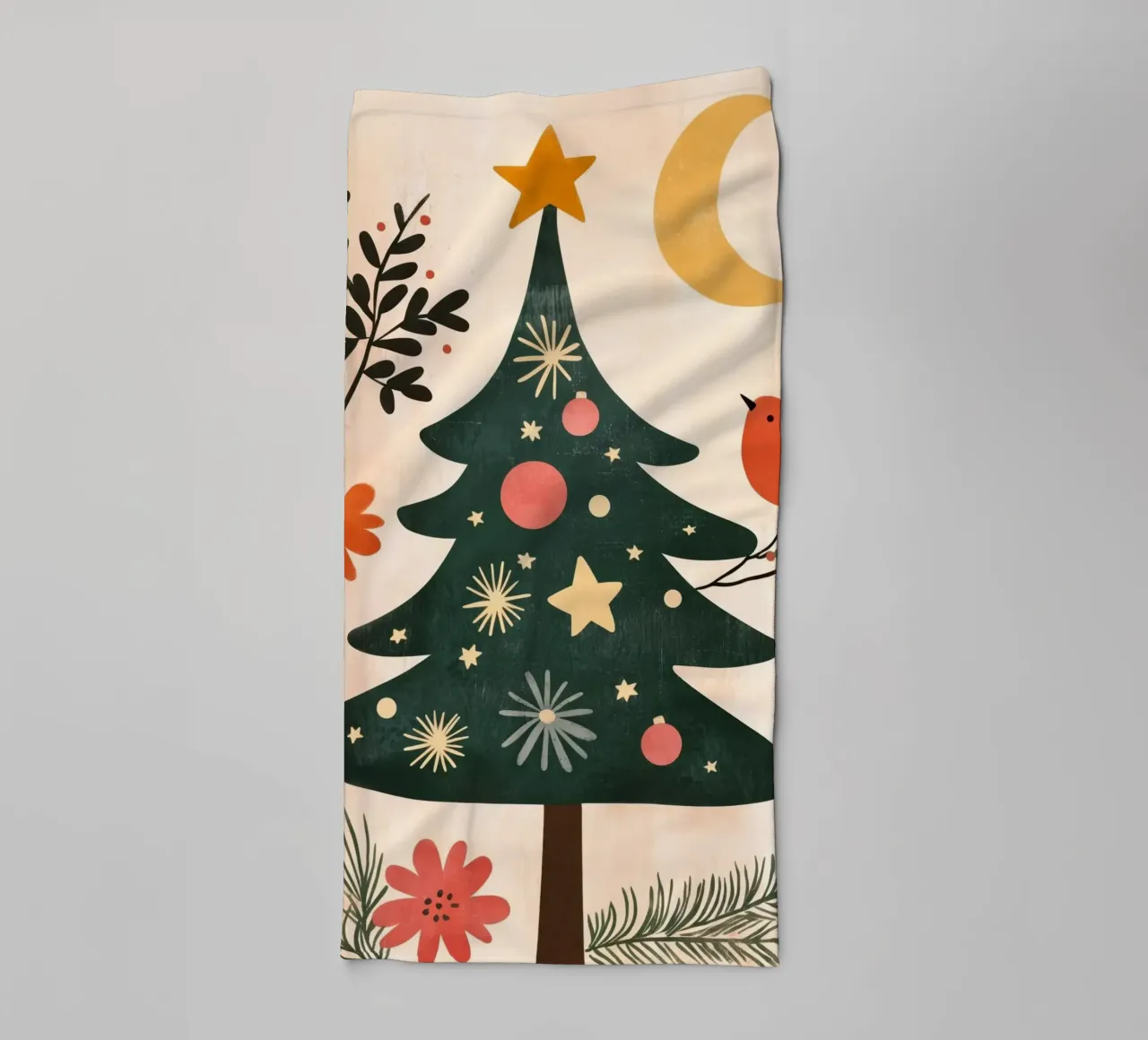 Boho Tree Bird with Moon and Stars Whimsical Christmas Art towel by Gentle Echoes Art