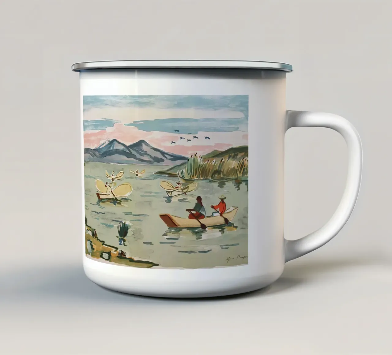 Pescatori messicani nel lago Patzcuaro tazza in smalto da Peteriespinoza Studio