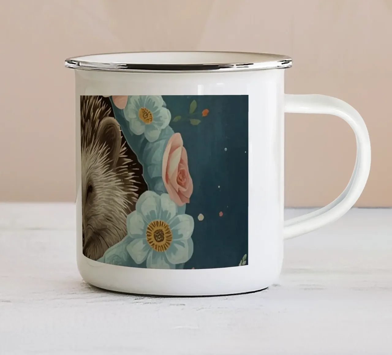 Schattig egeltje in bloemig eikader onder maan emaille mok van DesignDoodle