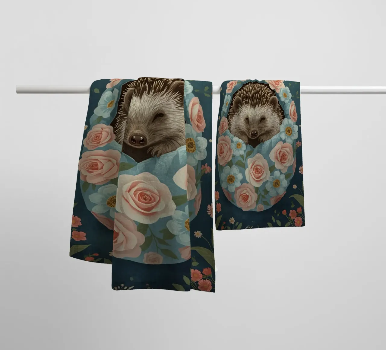 Hérisson mignon dans un cadre d'œuf floral sous la lune serviette de bain de DesignDoodle