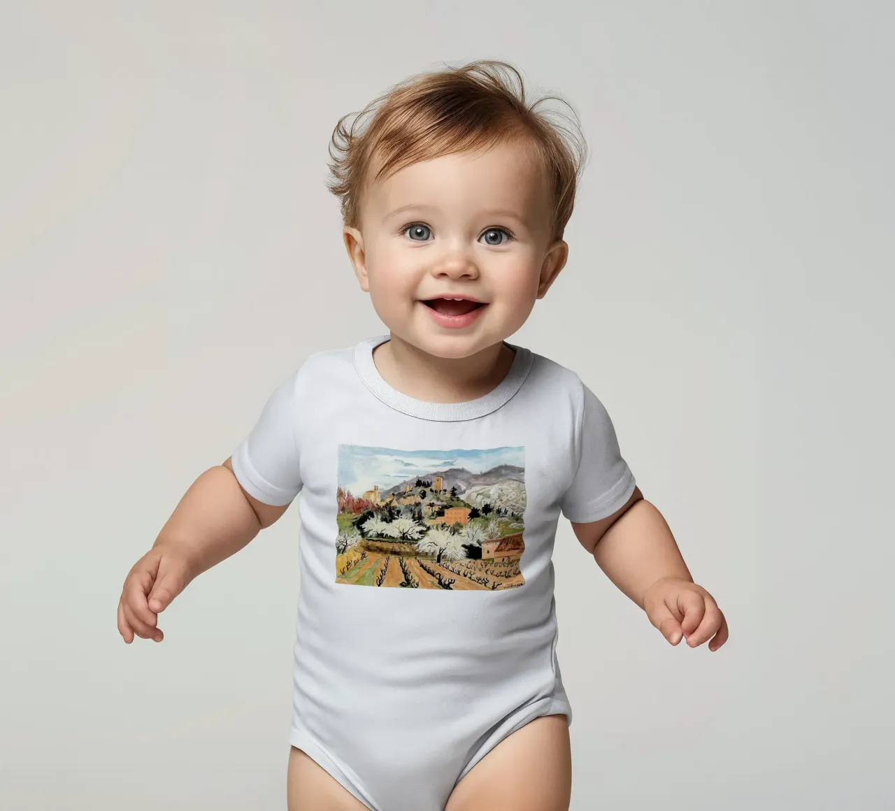 Spring in Oppede short-sleeve baby romper by Peteriespinoza Studio