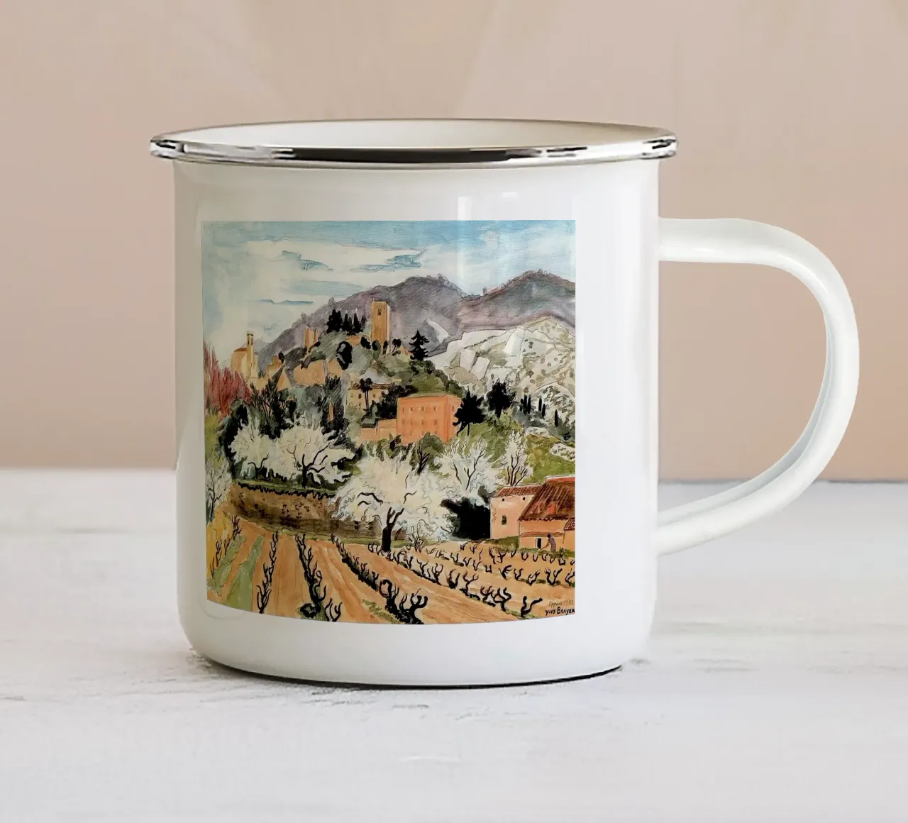 Primavera a Oppede tazza in smalto da Peteriespinoza Studio