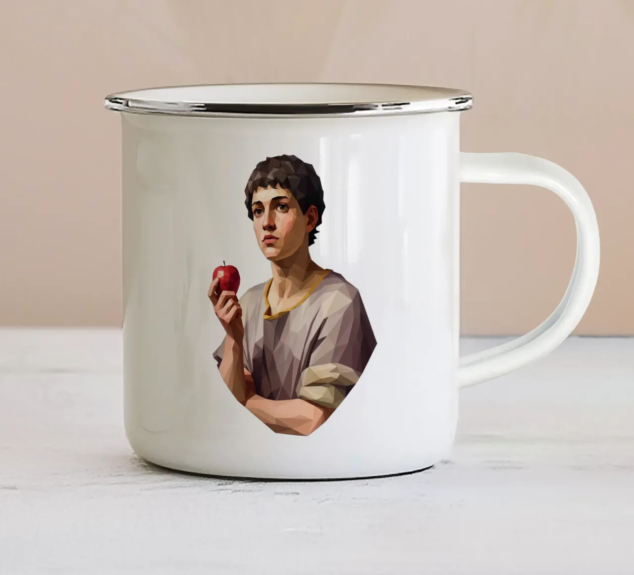 Giovane uomo con una mela Lowpoly tazza in smalto da Low Profile
