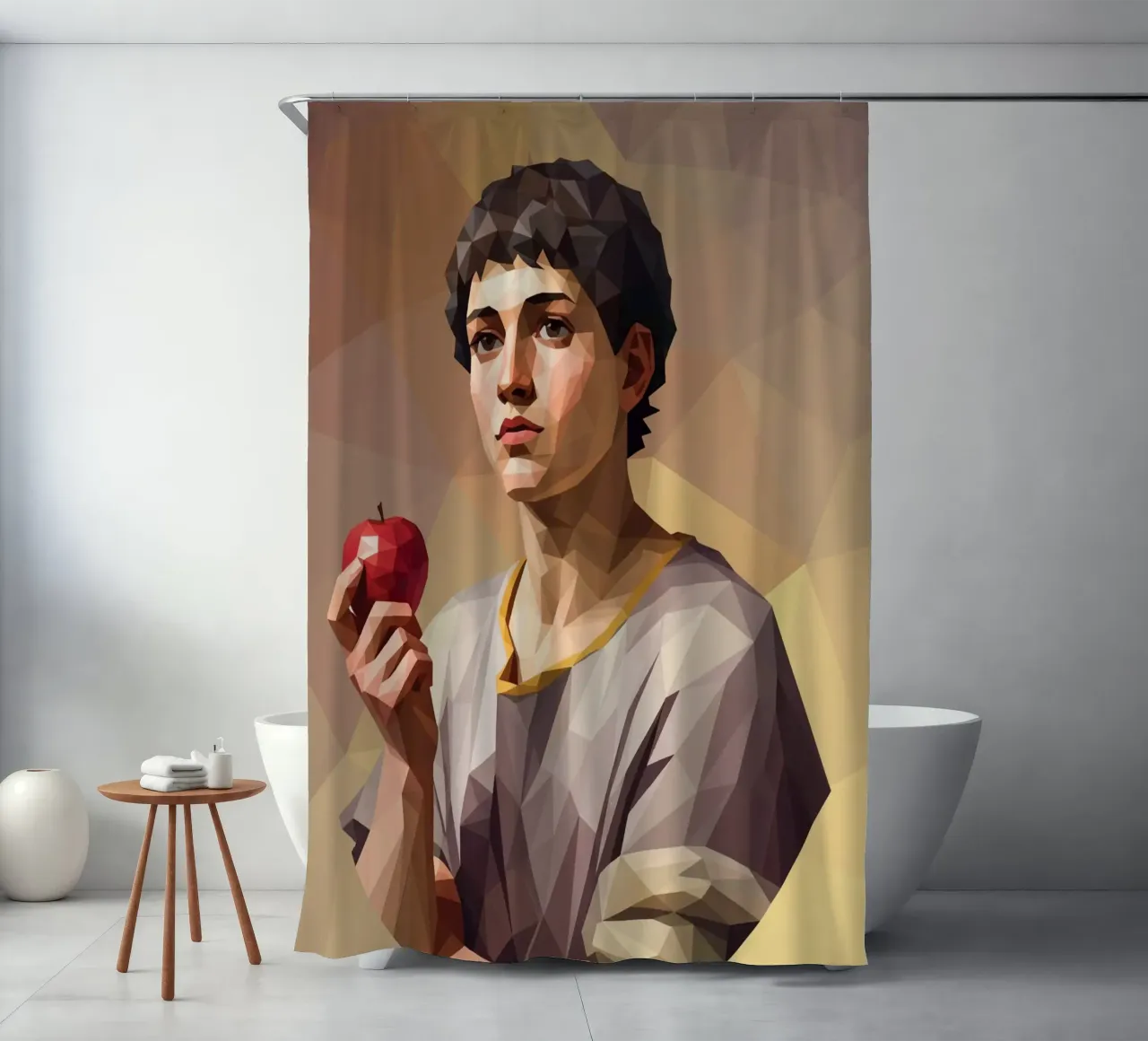 Junger Mann mit einem Apfel Lowpoly Duschvorhang von Low Profile