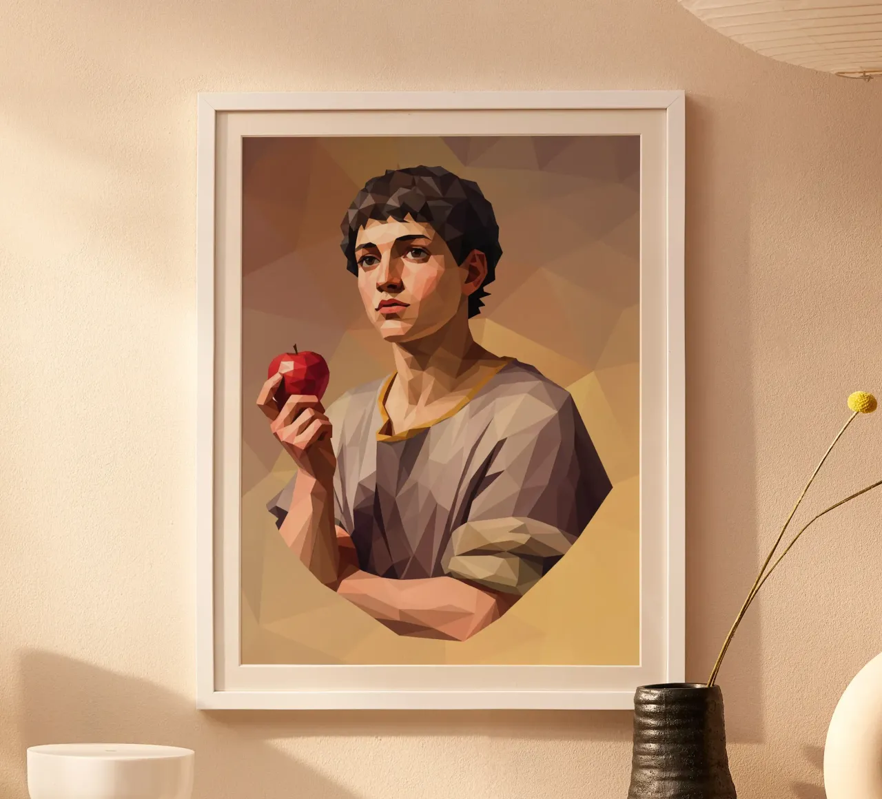 Junger Mann mit einem Apfel Lowpoly Hahnemühle von Low Profile