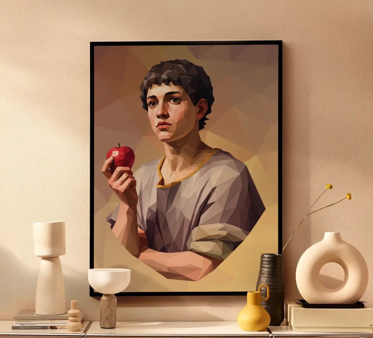 Junger Mann mit einem Apfel Lowpoly Hahnemühle von Low Profile