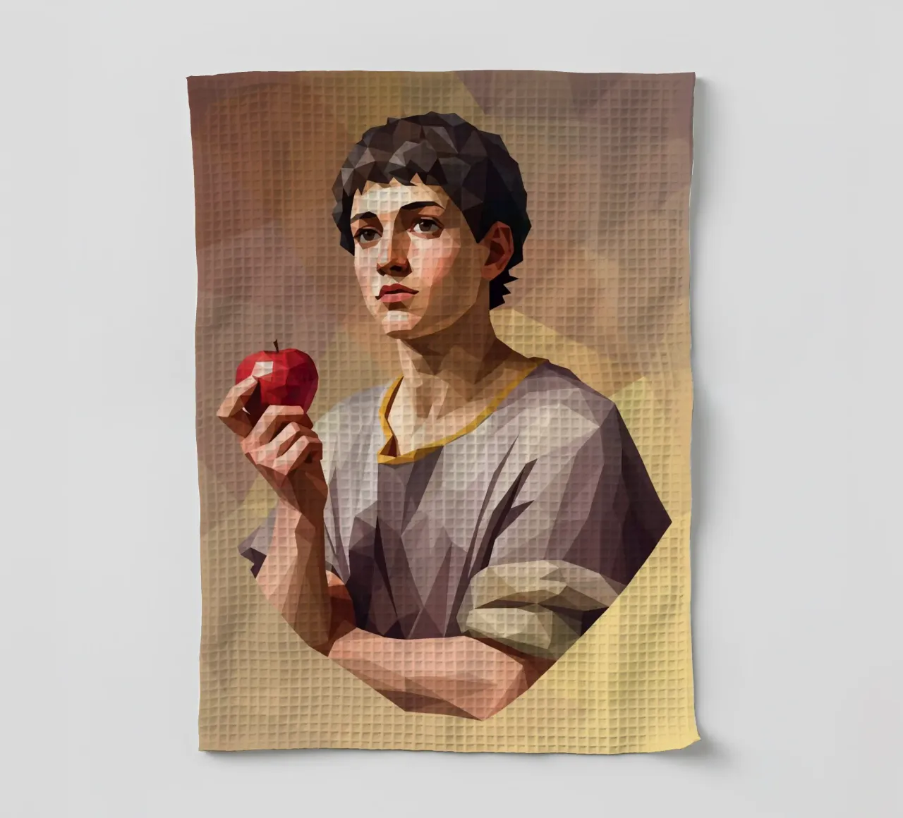Junger Mann mit einem Apfel Lowpoly Geschirrtuch von Low Profile