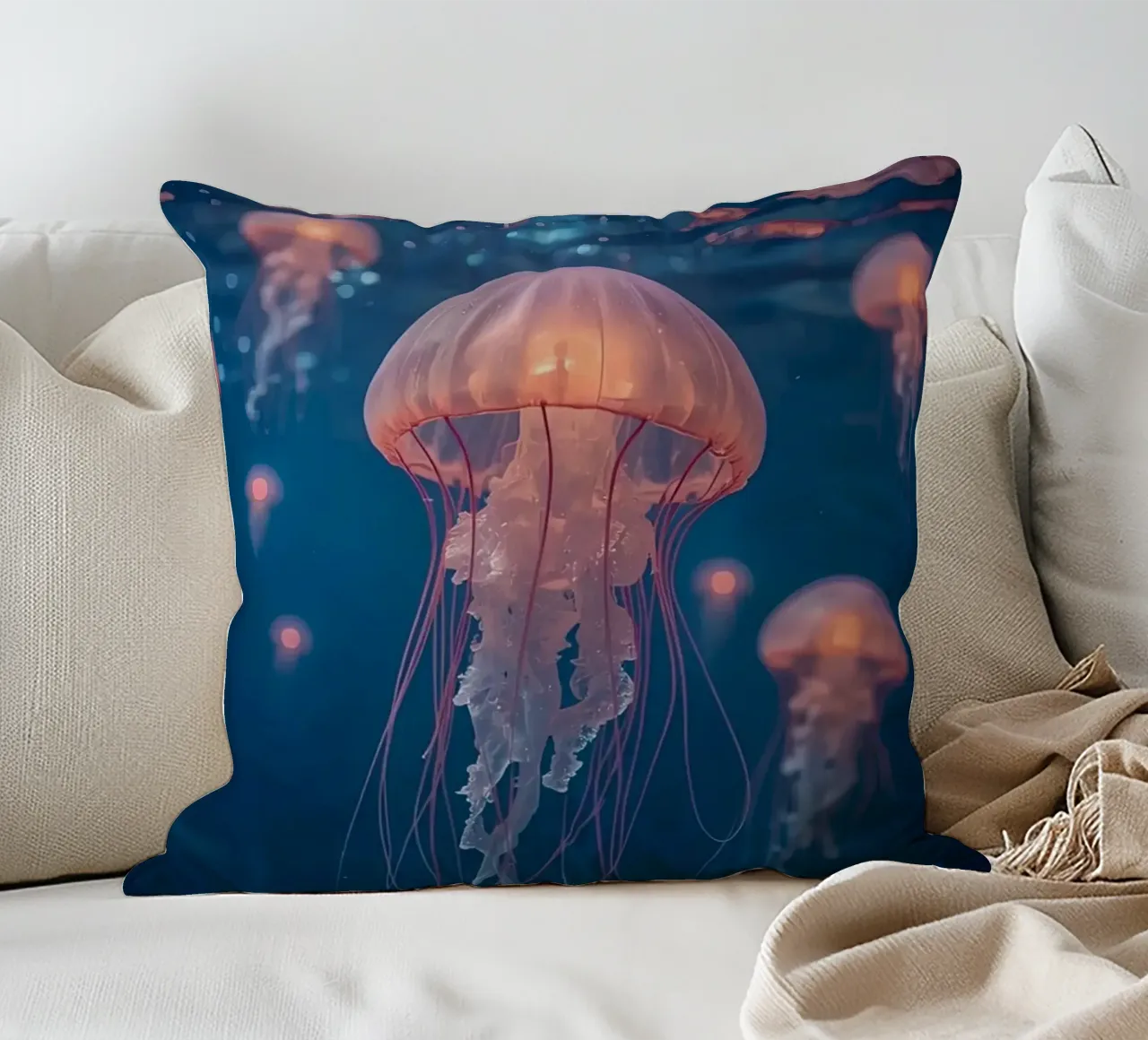 Meduse in acqua blu scuro cuscino da DesignDoodle