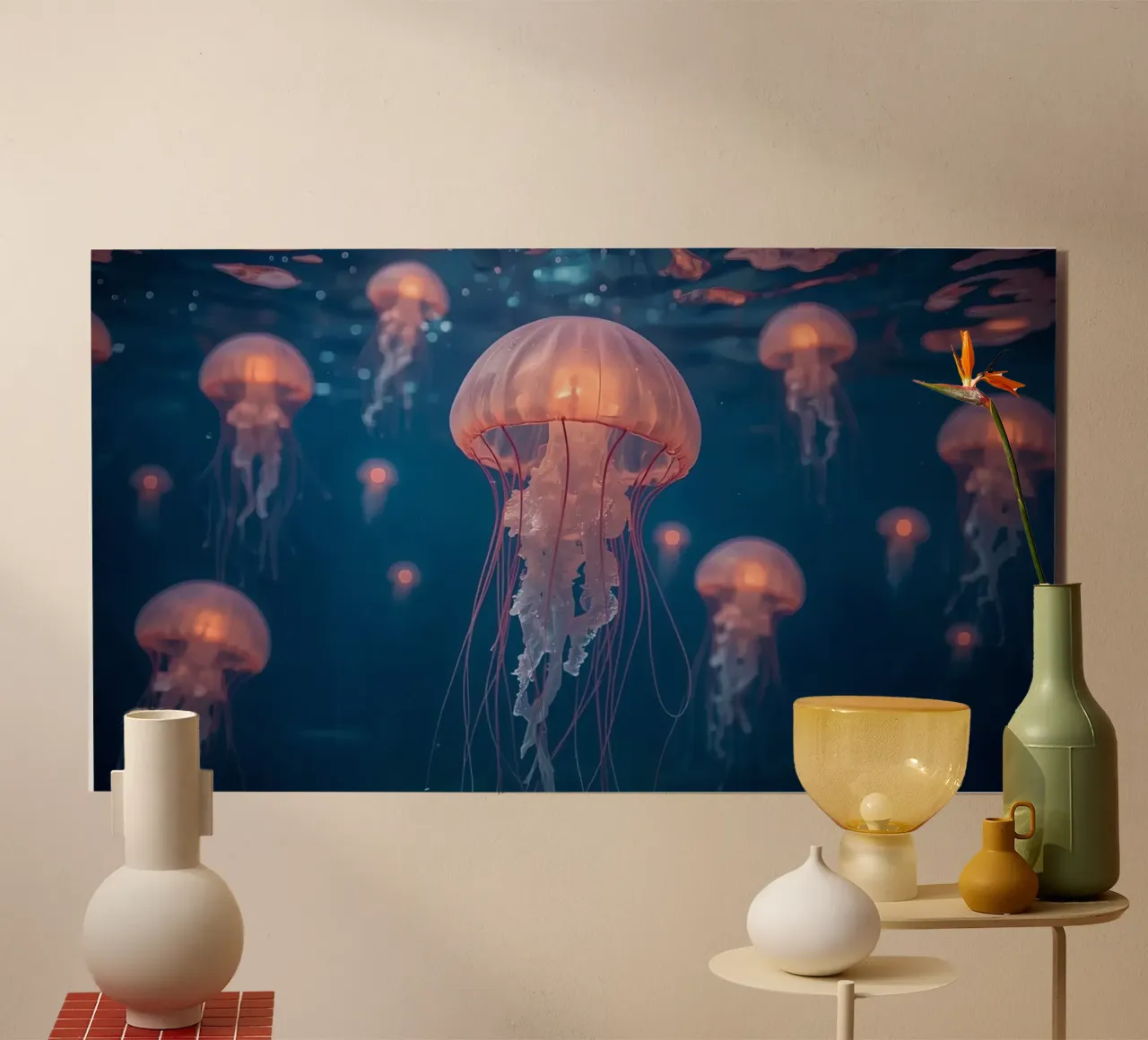 Meduse in acqua blu scuro alluminio dibond da DesignDoodle