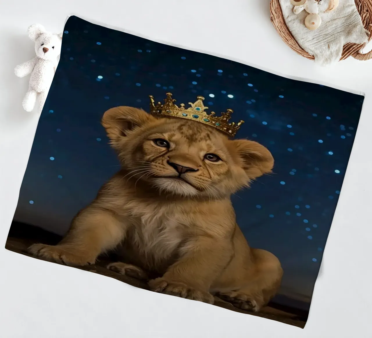 Leeuwenwelp draagt kroon 's nachts fleecedeken van DesignDoodle