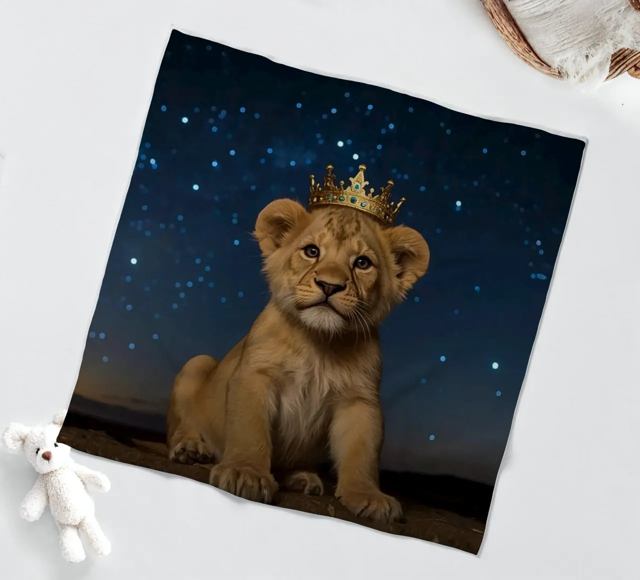 Leeuwenwelp draagt kroon 's nachts fleecedeken van DesignDoodle