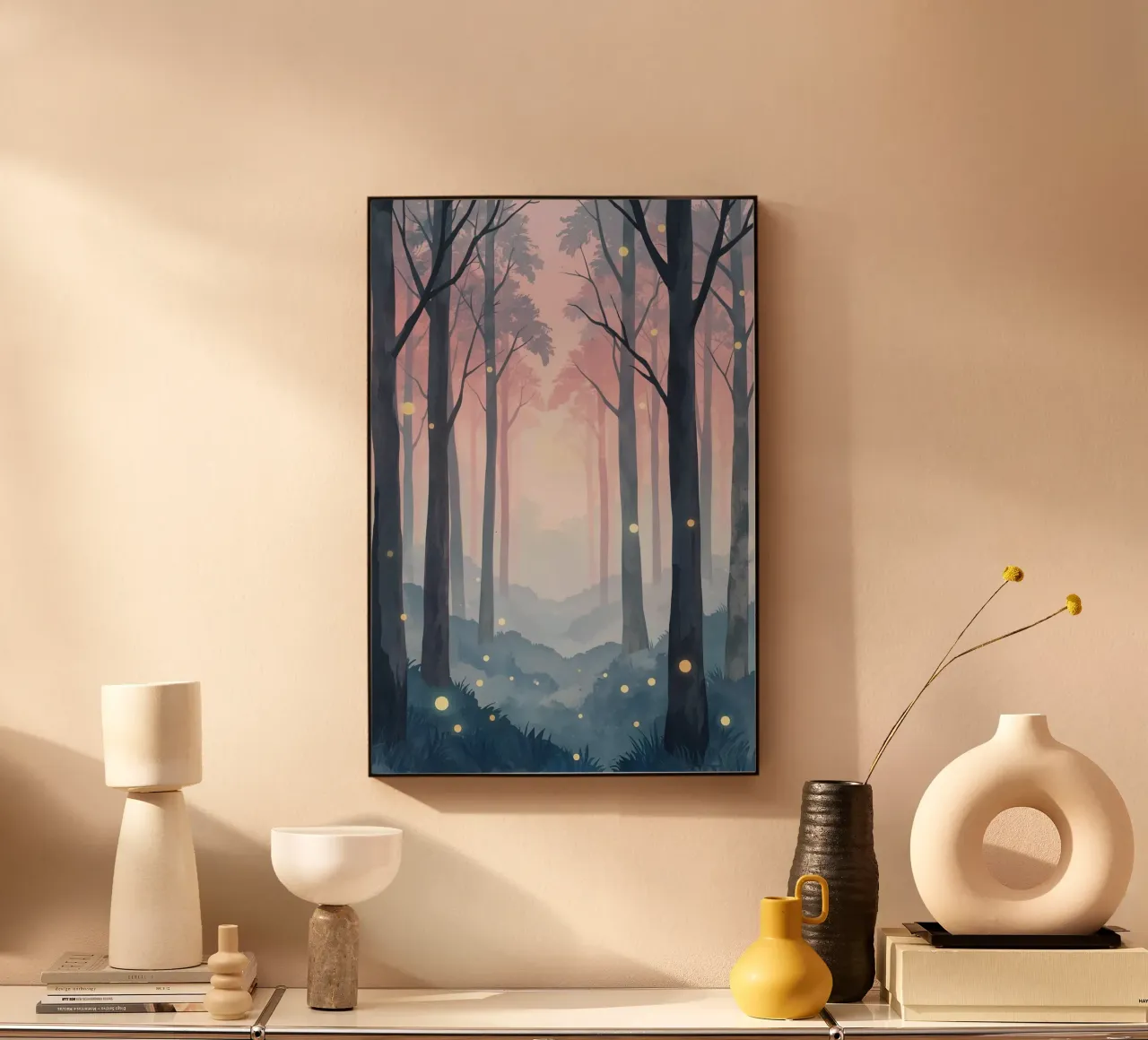 Foresta nebbiosa con sfere luminose alluminio dibond da DesignDoodle