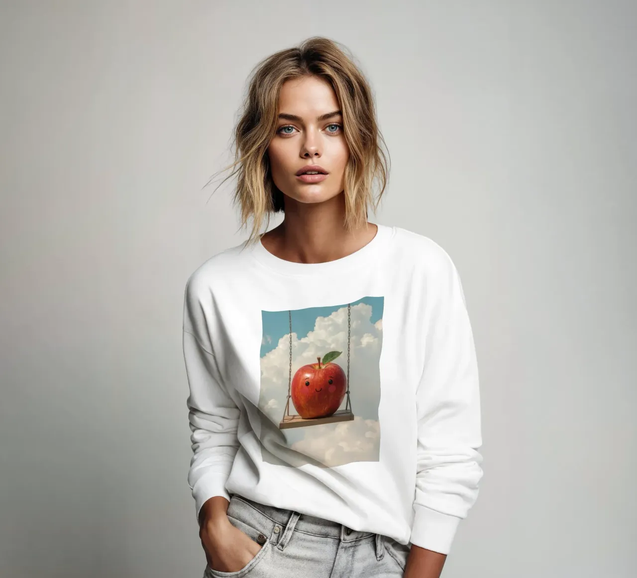 Cute Red Apple on a Swing in the Clouds sweatshirt by DesignDoodle