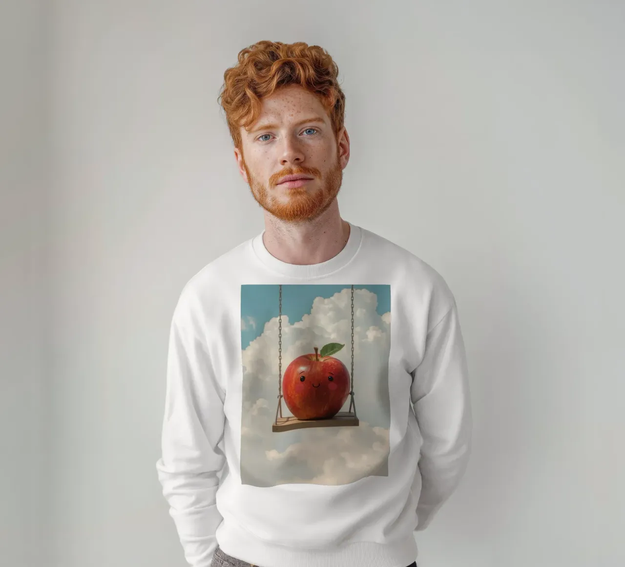 Cute Red Apple on a Swing in the Clouds sweatshirt by DesignDoodle