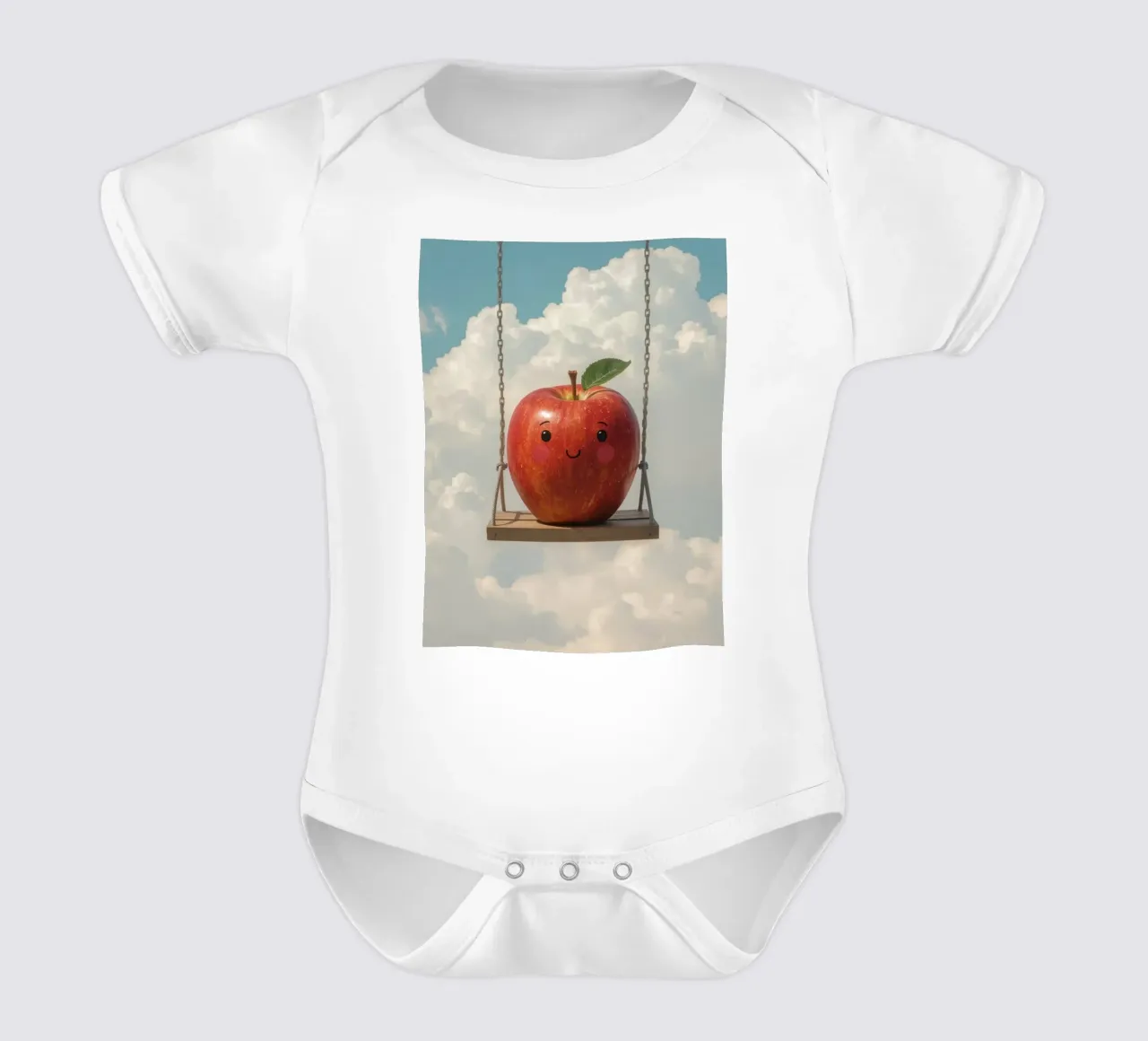 Cute Red Apple on a Swing in the Clouds short-sleeve baby romper by DesignDoodle