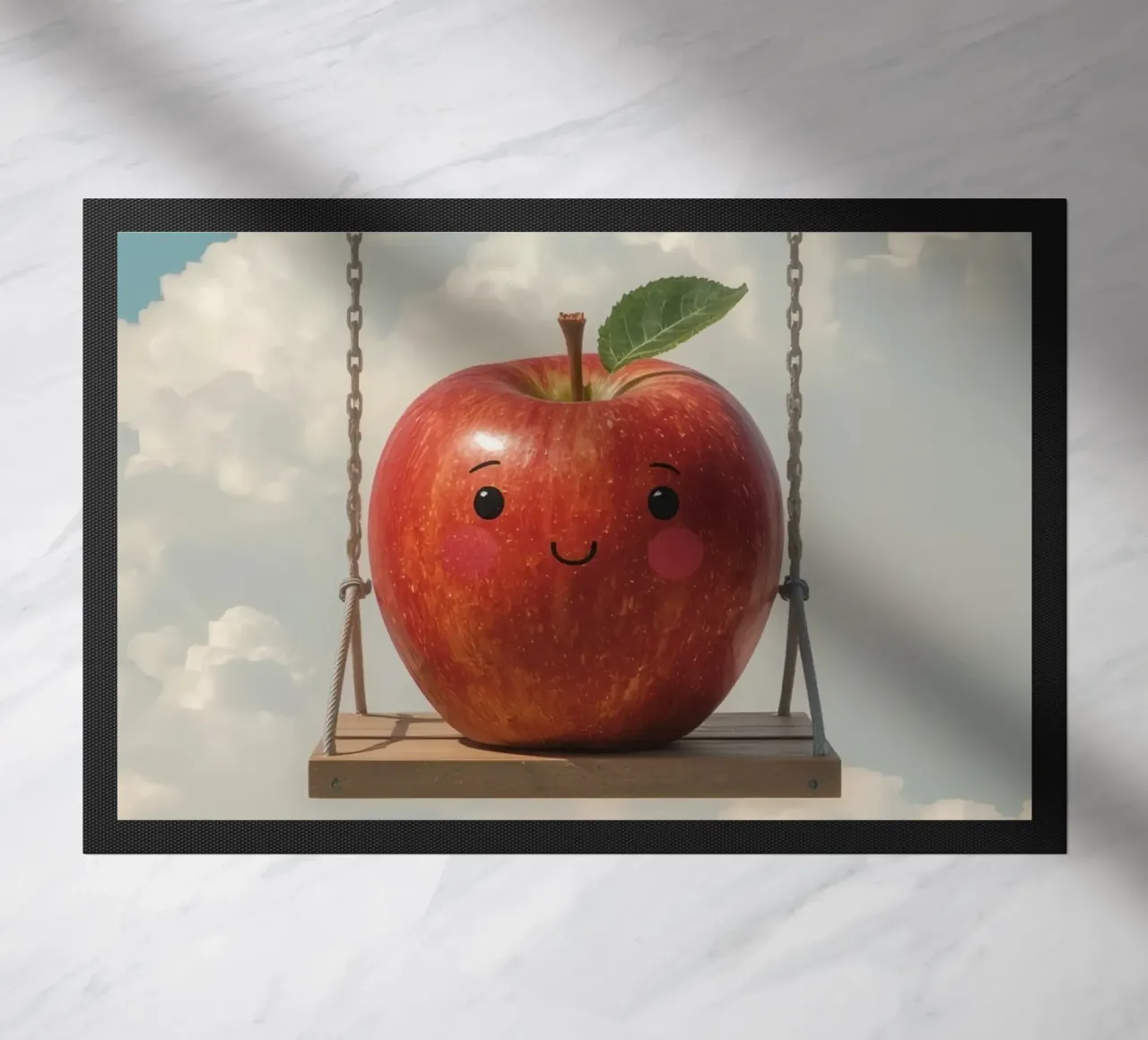 Cute Red Apple on a Swing in the Clouds doormat by DesignDoodle