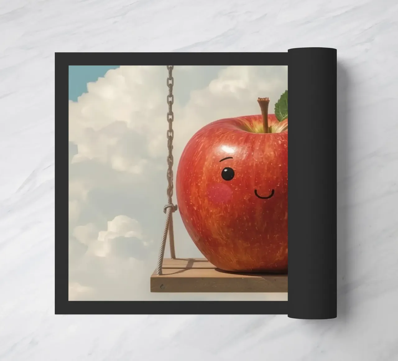 Cute Red Apple on a Swing in the Clouds doormat by DesignDoodle