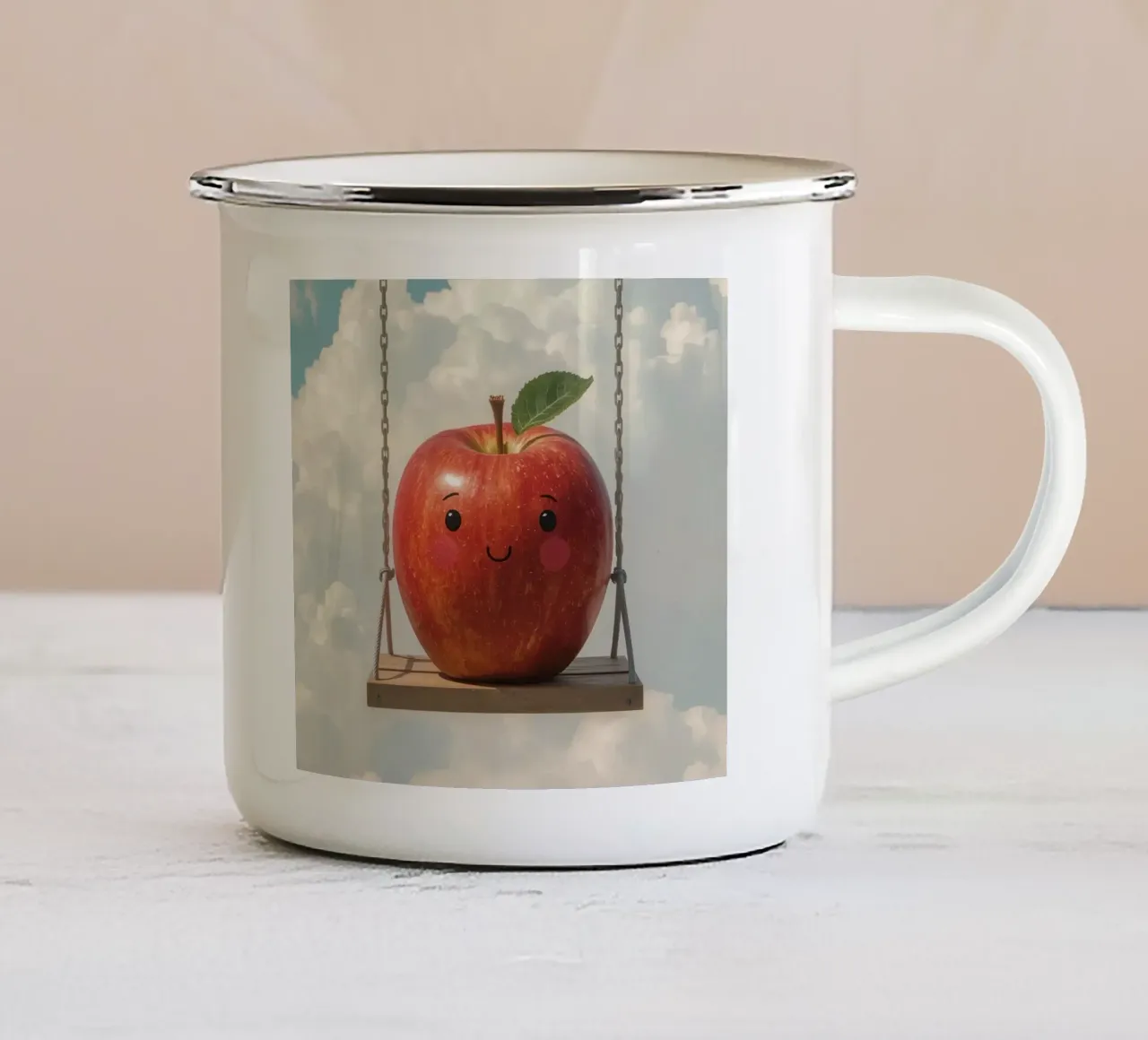 Cute Red Apple on a Swing in the Clouds enamel mug by DesignDoodle