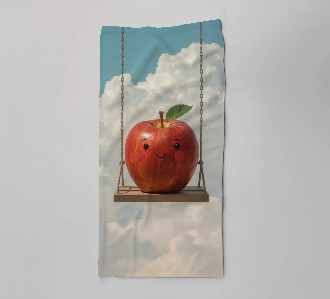 Cute Red Apple on a Swing in the Clouds towel by DesignDoodle