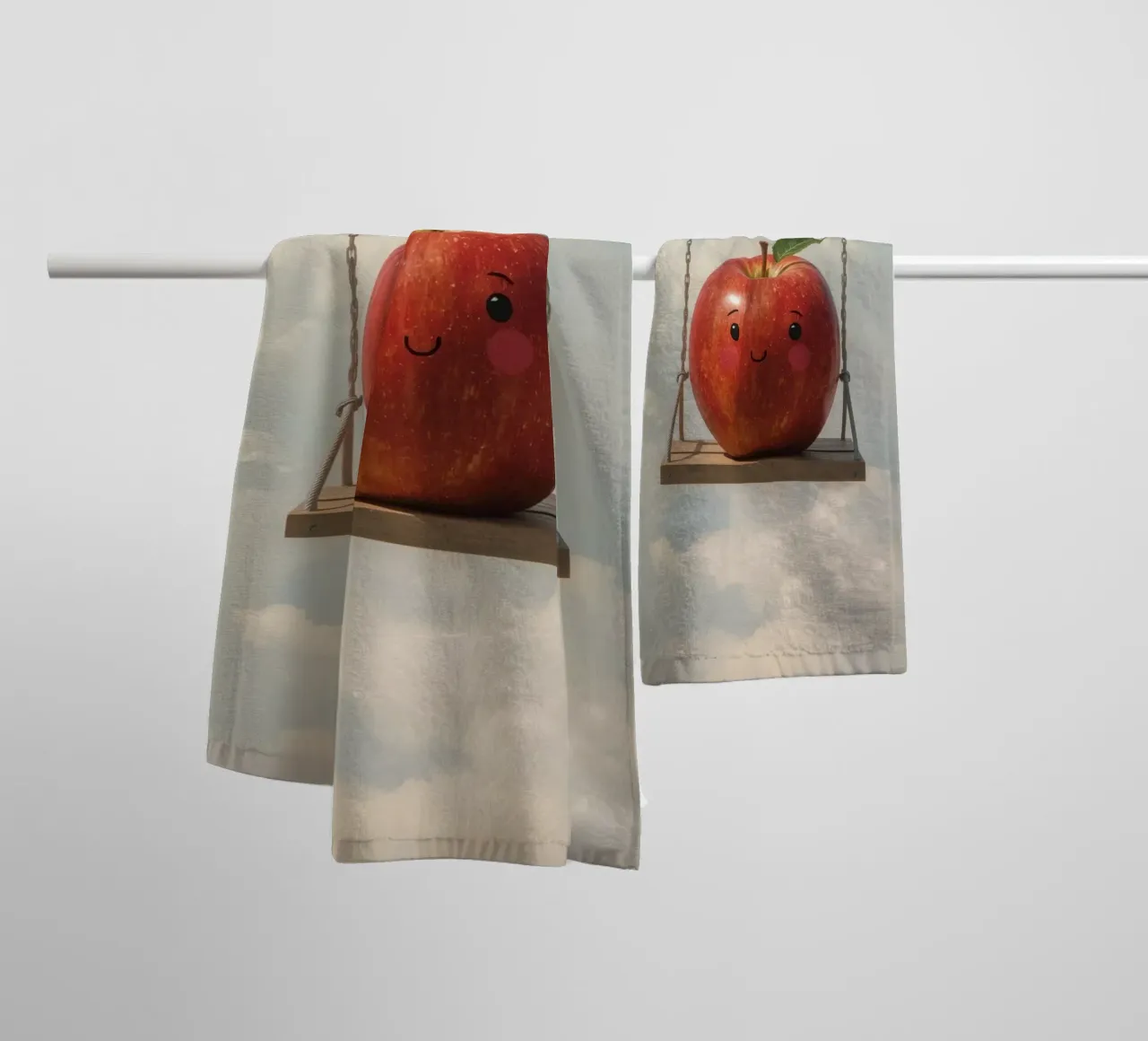 Cute Red Apple on a Swing in the Clouds towel by DesignDoodle