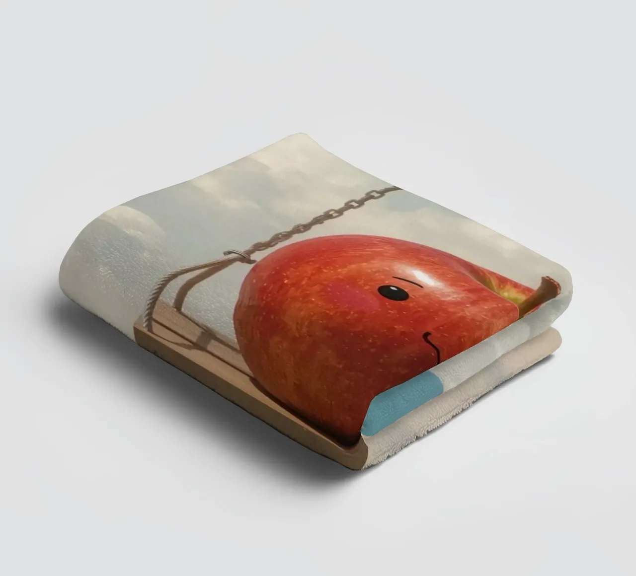 Cute Red Apple on a Swing in the Clouds towel by DesignDoodle