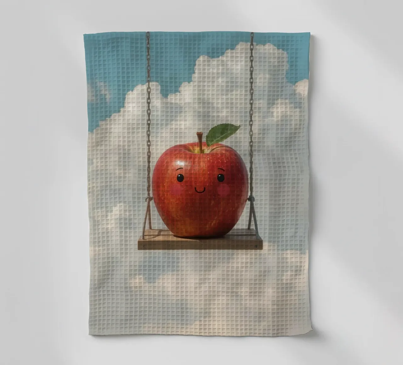 Cute Red Apple on a Swing in the Clouds tea towel by DesignDoodle