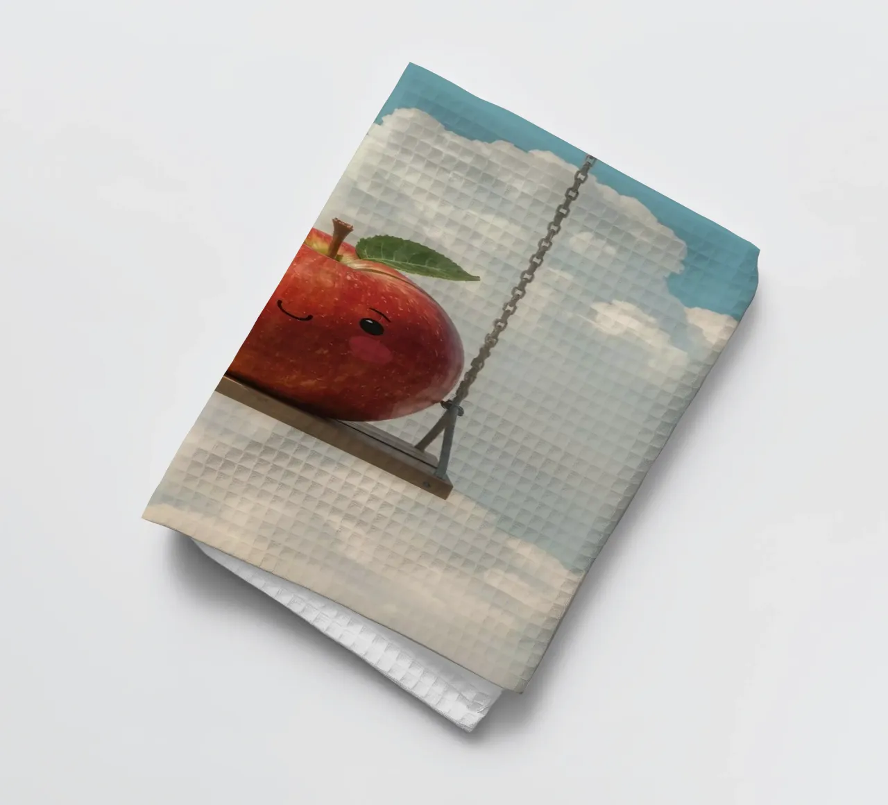 Cute Red Apple on a Swing in the Clouds tea towel by DesignDoodle