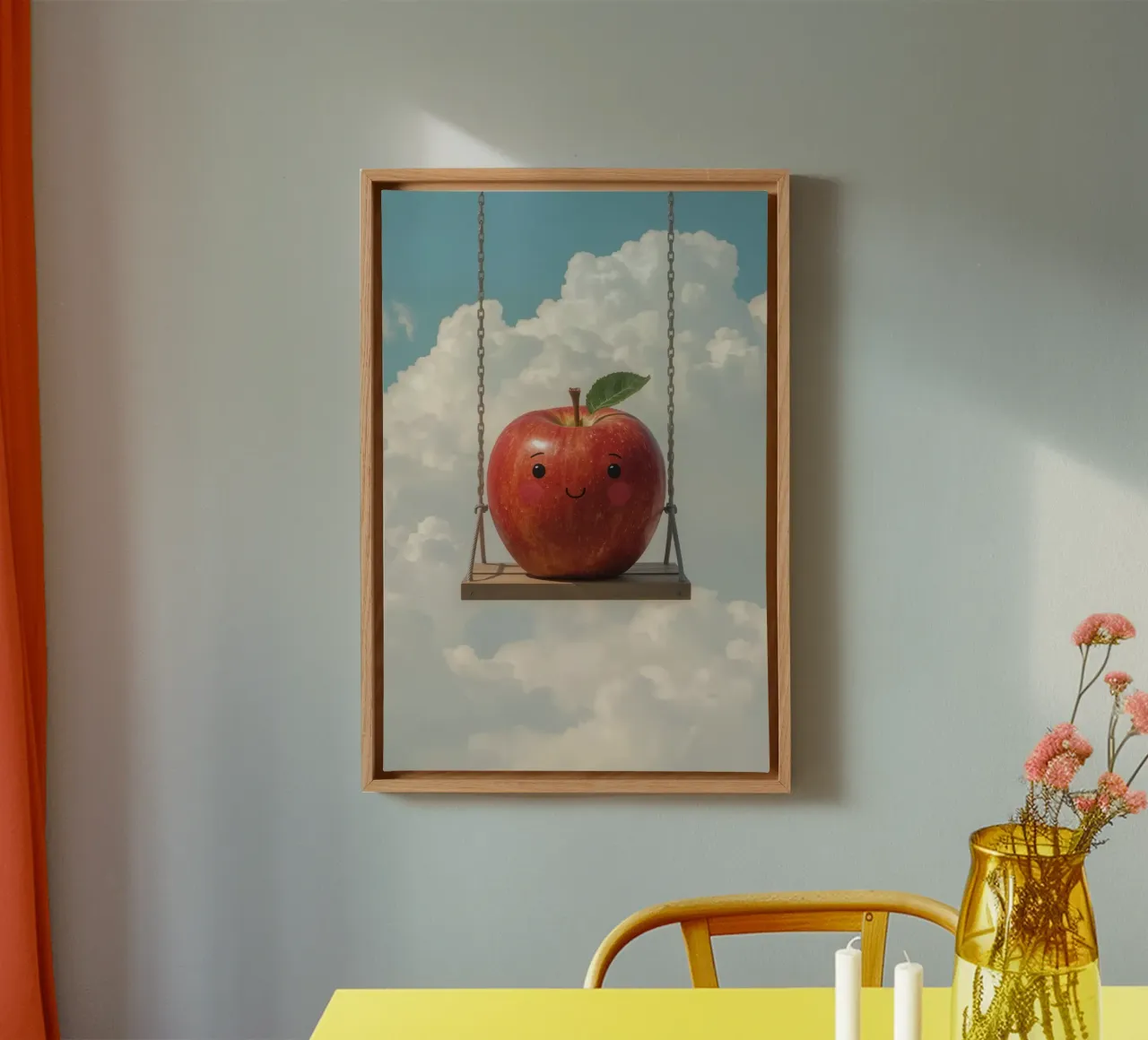 Cute Red Apple on a Swing in the Clouds canvas by DesignDoodle