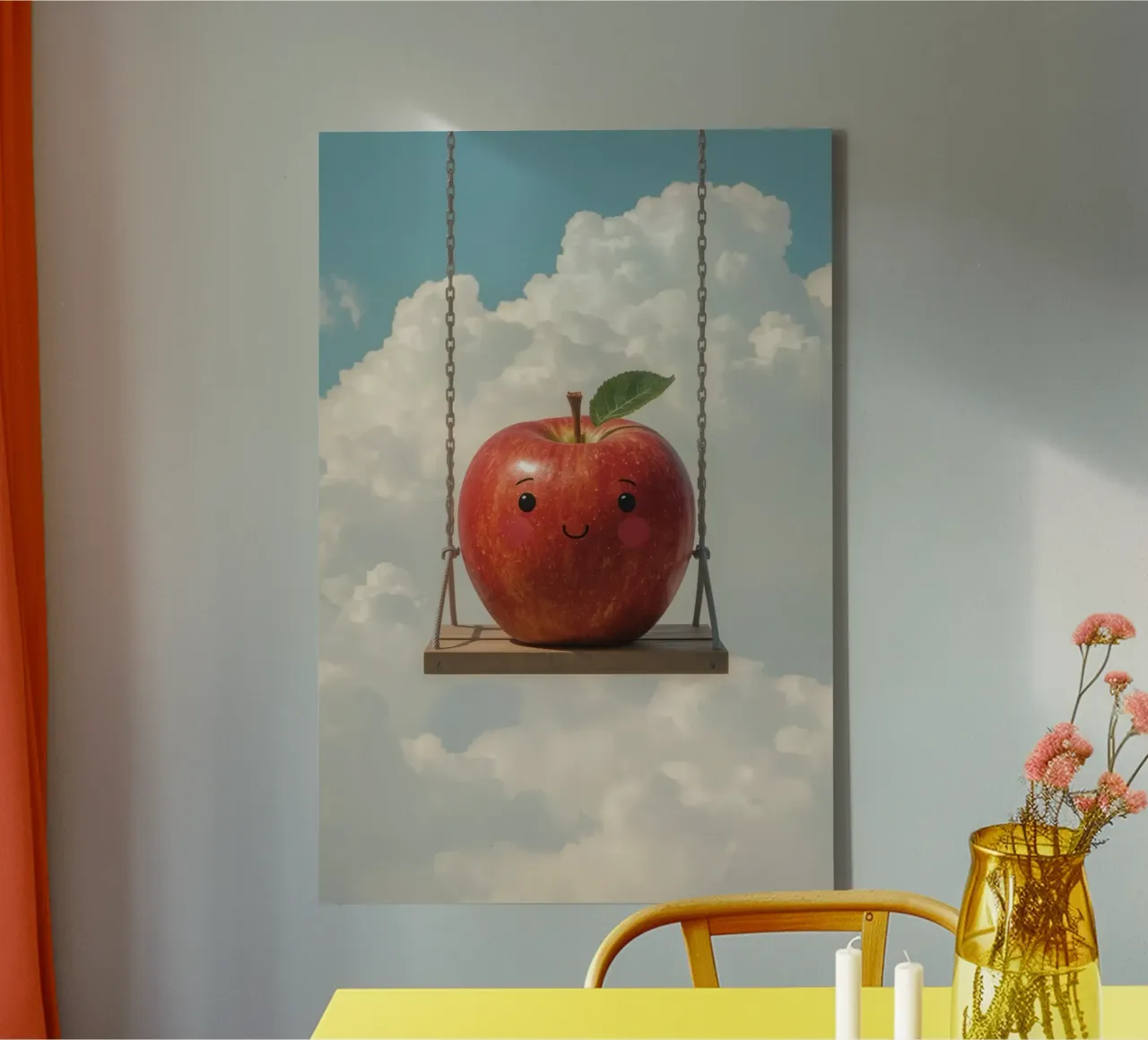 Cute Red Apple on a Swing in the Clouds canvas by DesignDoodle