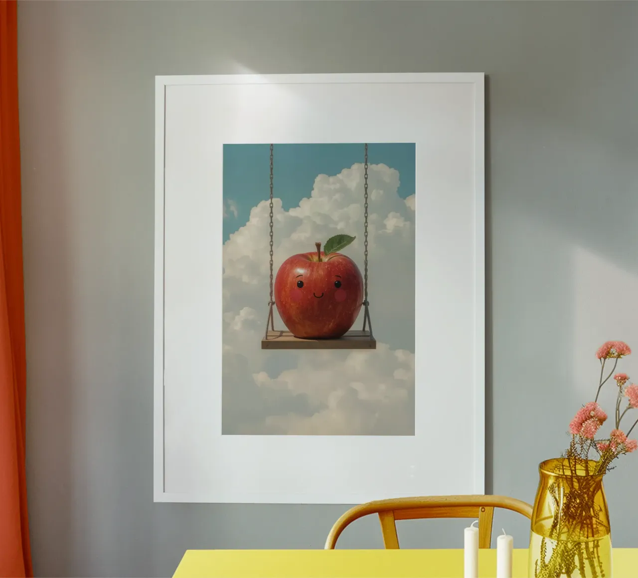 Cute Red Apple on a Swing in the Clouds hahnemühle by DesignDoodle