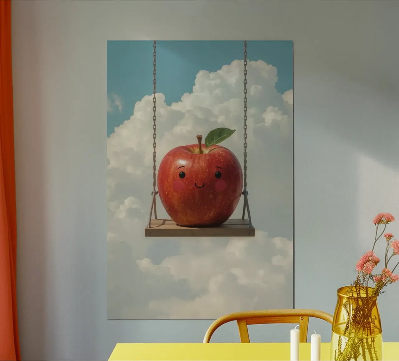 Cute Red Apple on a Swing in the Clouds hahnemühle by DesignDoodle