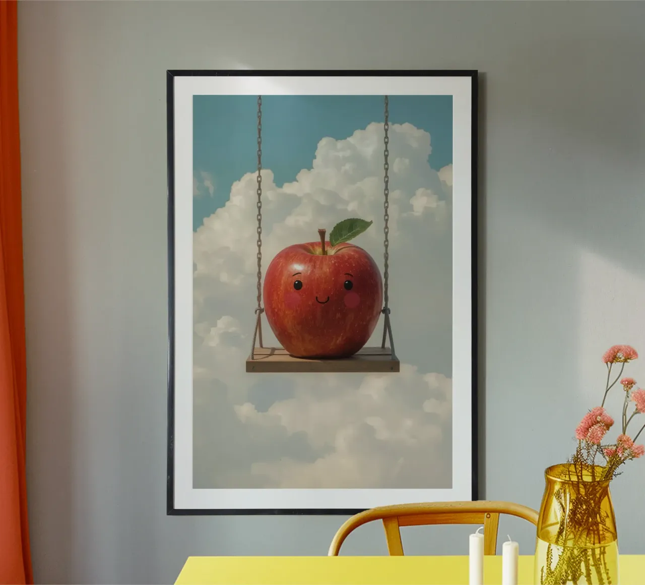 Cute Red Apple on a Swing in the Clouds hahnemühle by DesignDoodle