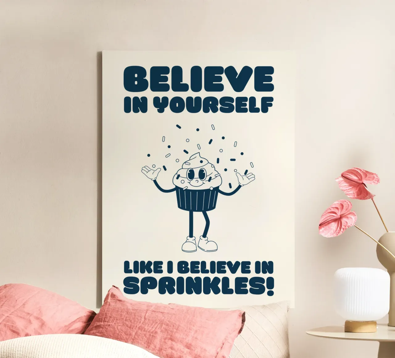 Retro stripfiguur Geloof in strooigoed Blauw Wit canvas van Studio Frances M