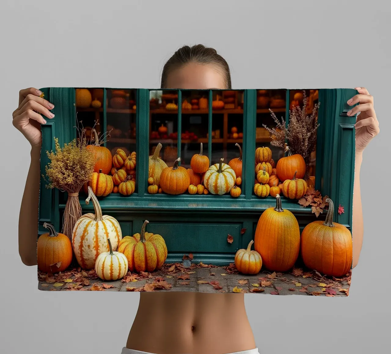 Vetrina con zucche_3 asciugamano da bagno da Fantasie & Mystikwelten by LK