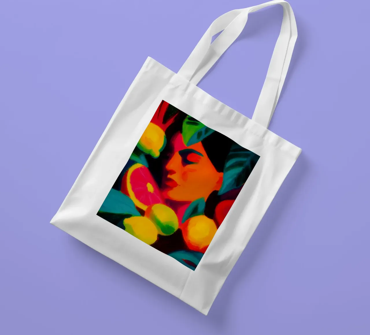 Tropical women's portrait | Fruity colour explosion tote bag by Autofocus