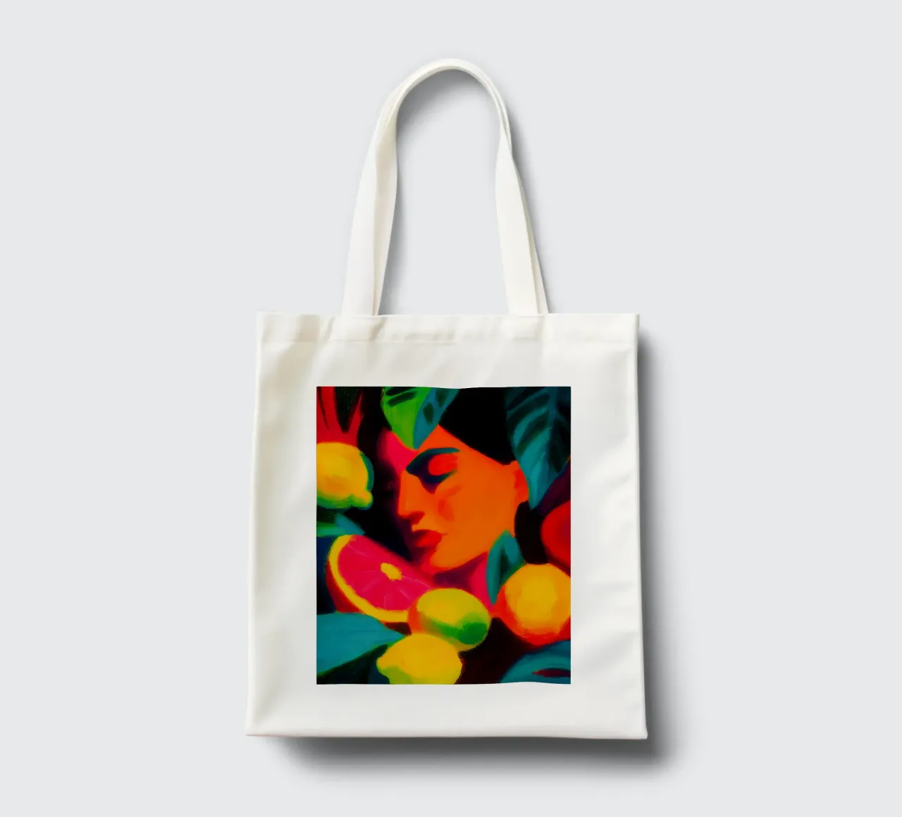 Tropical women's portrait | Fruity colour explosion tote bag by Autofocus